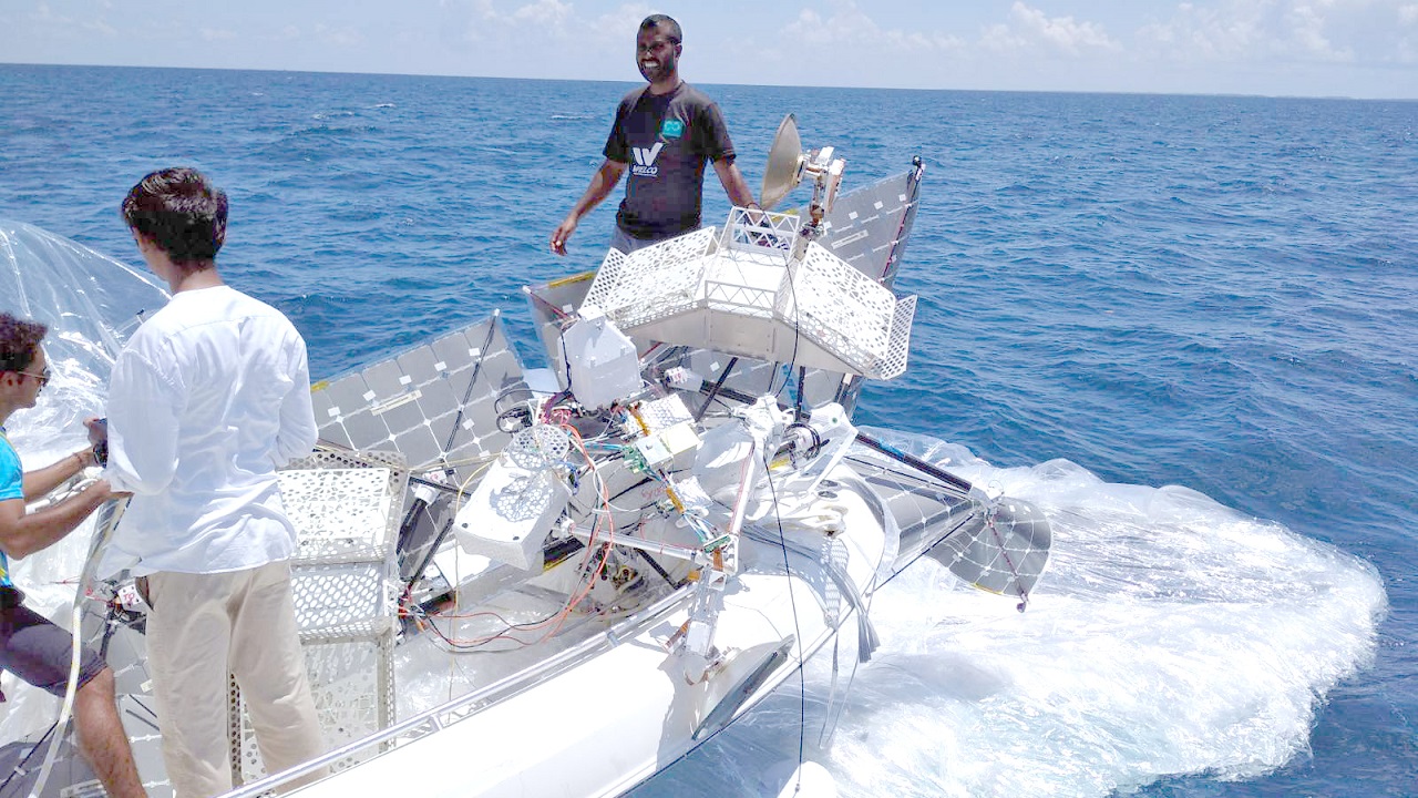 Google Loon project balloon retrieving from Maldivian waters. Photo: MNDF