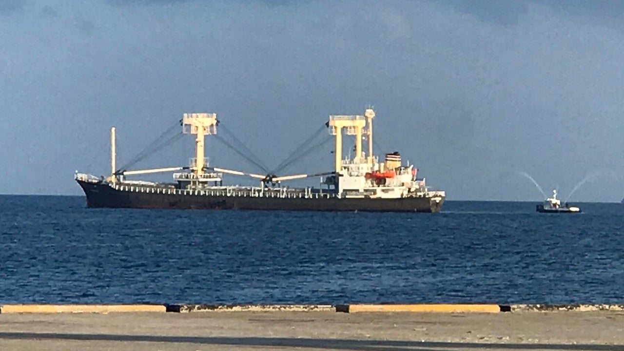 MV Bonthi 2 docked at the harbor of South International Port, Addu City.