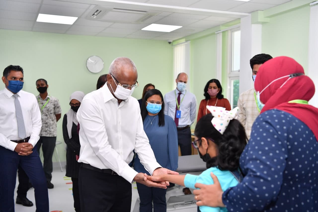 President Solih, First Lady Fazna and Vice President Faisal, touring he new Child Development Centre in Hulhumalé Hospital.