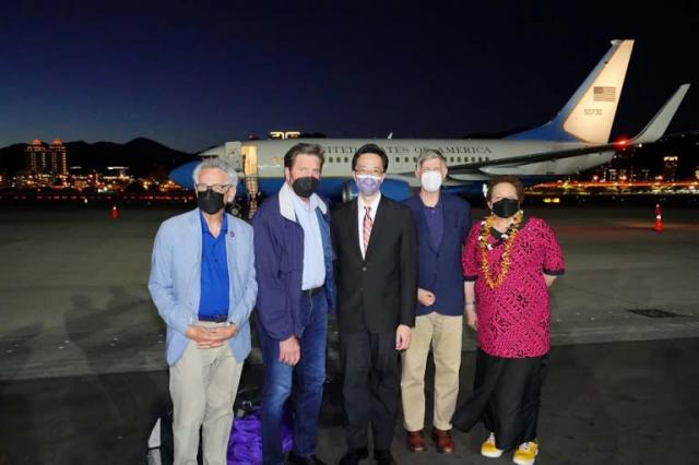 Taiwan's Foreign Ministry Department of North American Affairs Director-General Douglas Hsu welcomes US Representatives  at Songshan Airport in Taipei on August 14, 2022.