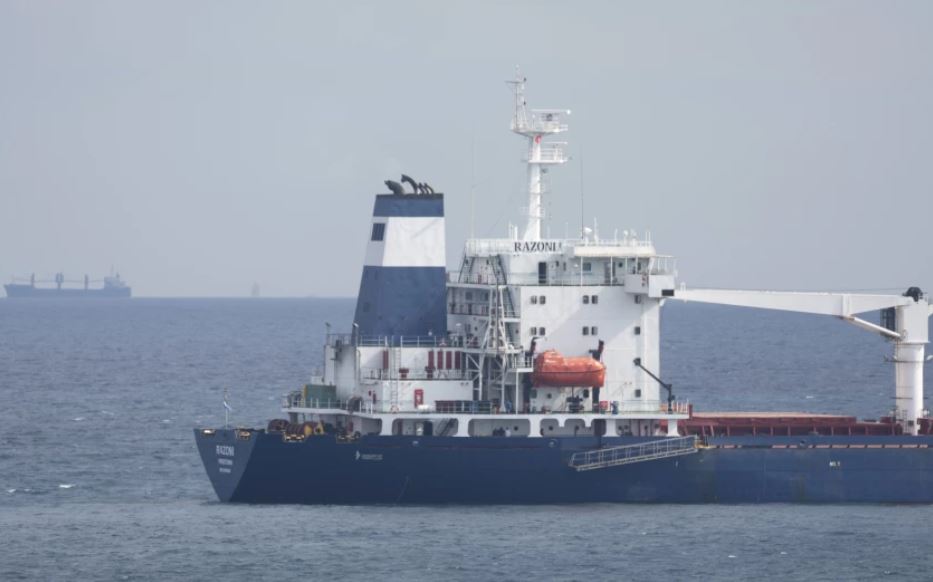 The cargo ship Razoni, laden with Ukrainian grain, anchors at the entrance of the Bosphorus Strait in Istanbul on Wednesday.(Khalil Hamra / Associated Press)