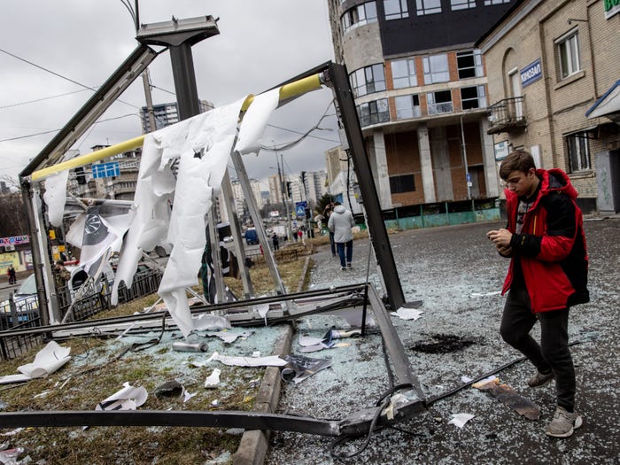 Airstrikes have damaged structures and buildings in Kyiv, Ukraine.