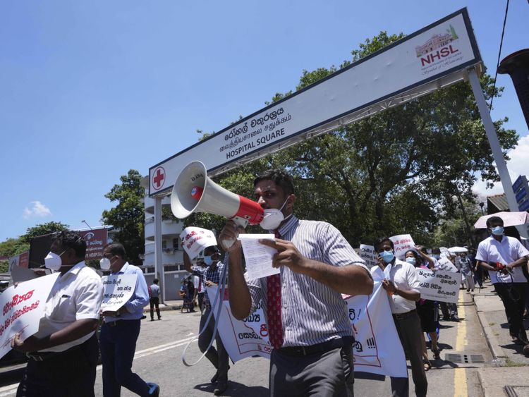 Sri Lankan government doctors protest against the government near the national hospital in Colombo, Sri Lanka, Wednesday, April 6, 2022.