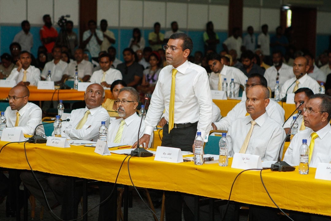 Former President and long-serving Maldivian Democratic Party (MDP) leader Mohamed Nasheed speaking at an MDP meeting.
