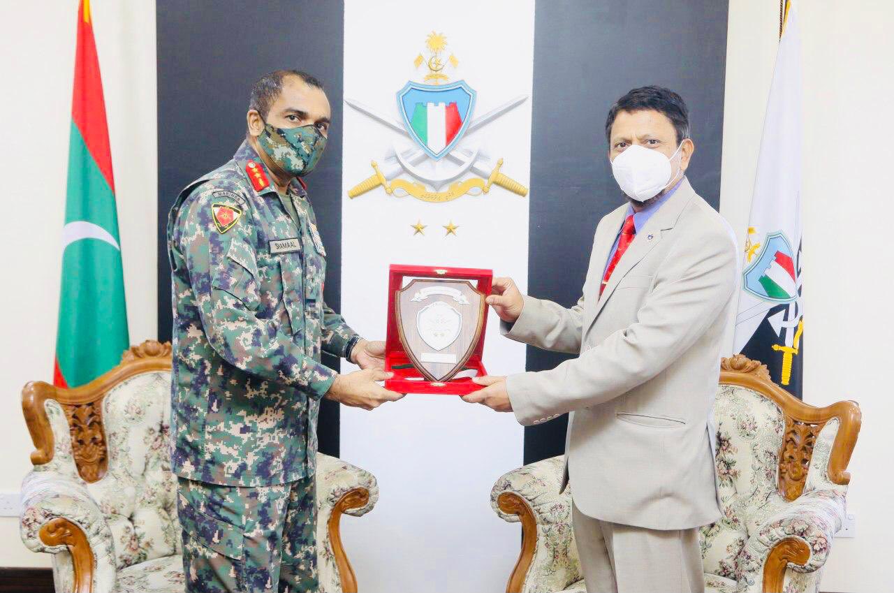 High Commissioner of Bangladesh to the Maldives, H.E. Rear Admiral Nazmul Hassan, meeting with the Chief of Defence Force, Major General Abdulla Shamaal.