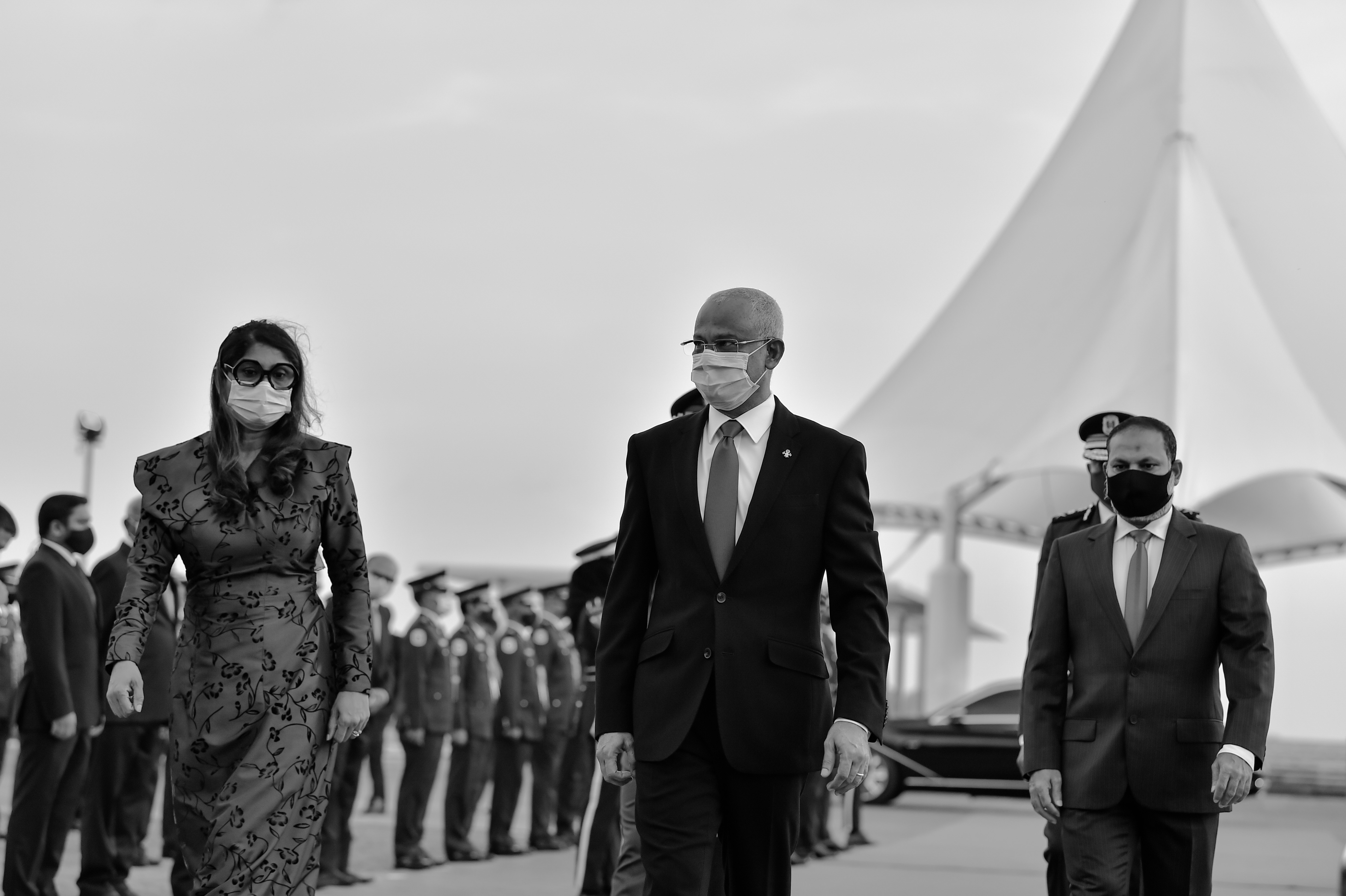 (From Left to Right) Minister of Defense, Uza. Mariya Ahmed Didi, President Ibrahim Mohamed Solih and Minister of Home Affairs, Sheikh Imran Abdulla,