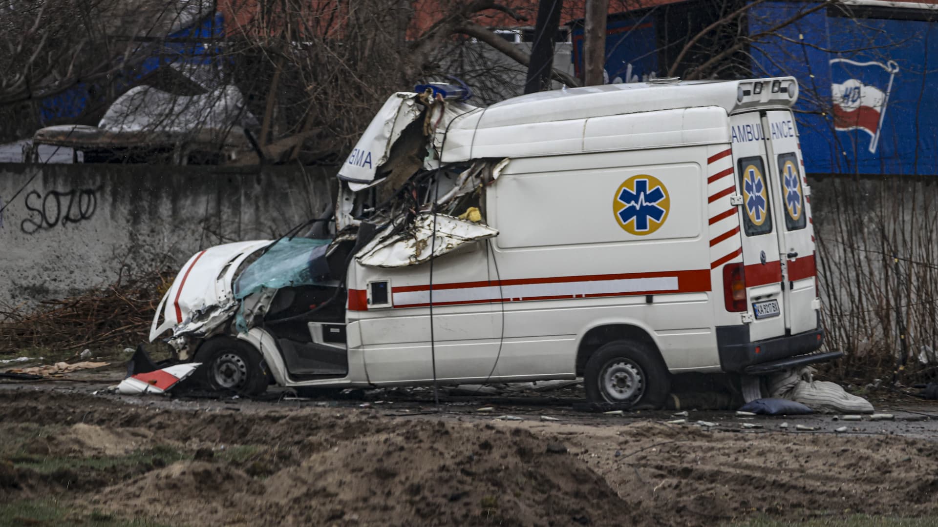 A photo shows damages from conflict areas in the Hostomel region, as Russian attacks on Ukraine continue, on April 03, 2022 in Bucha, Ukraine.