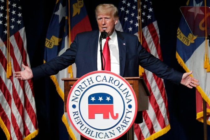 Former President Donald Trump speaking at the North Carolina Republican Convention in Greenville, North Carolina.