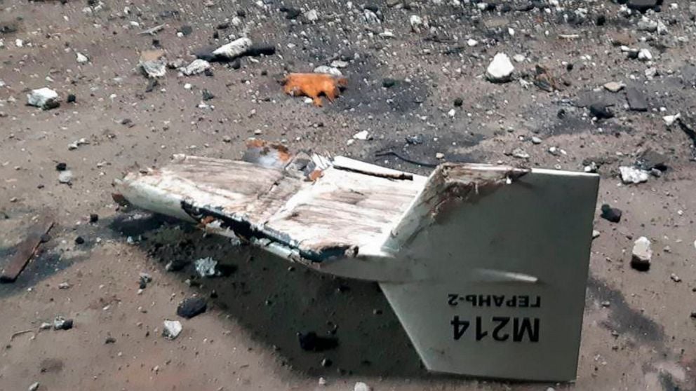 This undated photograph released by the Ukrainian military shows the wreckage of what Kyiv has described as an Iranian Shahed drone downed near Kupiansk, Ukraine.