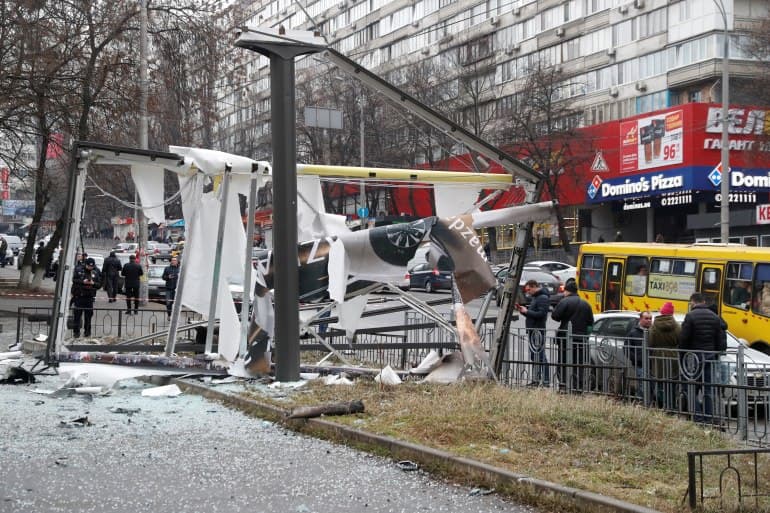 Debris and rubble are seen at the site where a missile landed in the street in Kyiv, Ukraine (Photo: Reuters)