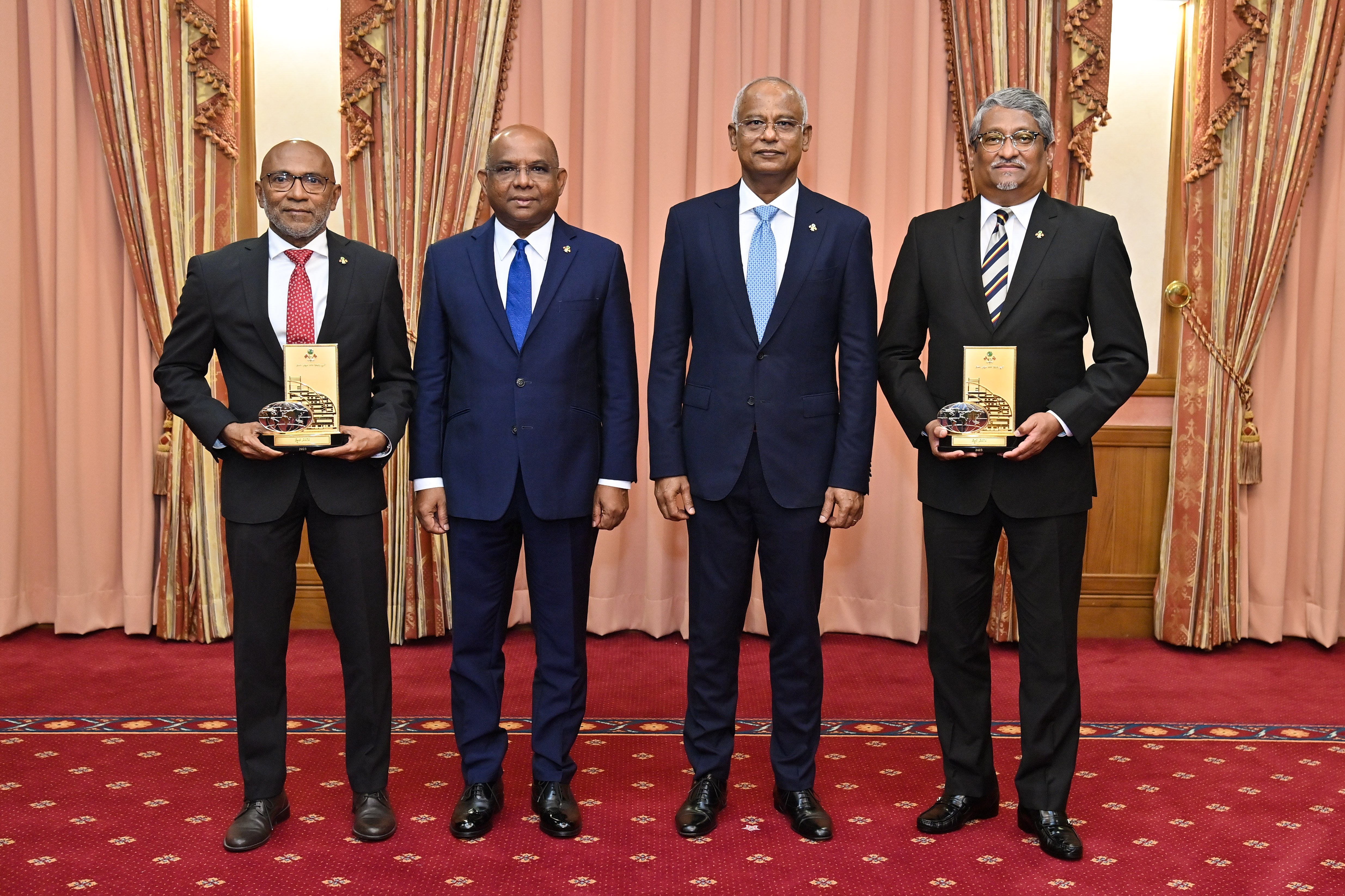 (R - L) Minister of State for Foreign Affairs, Ahmed Khaleel., President Ibrahim Mohamed Solih, Foreign Minister Abdulla Shahid, and Foreign Secretary, Ahmed Latheef