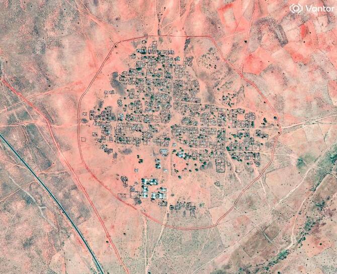 This handout satellite image by Vantor, taken on October 30, 2025, shows a berm construction in Kinin Village near El-Fasher, Sudan. (AFP)