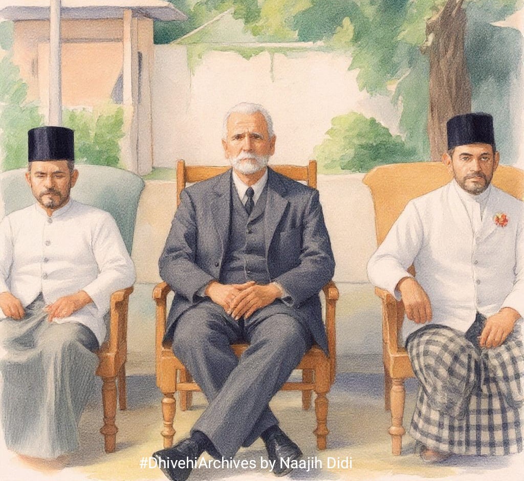 An AI-rendered watercolor depiction, of HCP Bell seated alongside Ahmed Didi and Abdul Majeed Didi—the sons of Athireege Ibrahim DidI.