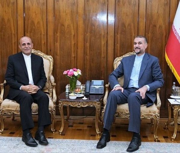 Iran’s new ambassador to Sweden Hojatollah Faghani (left) and Foreign Minister Hossein Amir-Abdollahian during a meeting in Tehran on July 1, 2023.