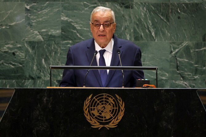 Lebanon's Minister for Foreign Affairs and Emigrants Abdallah Bouhabib speaking during the 79th Session of the United Nations General Assembly