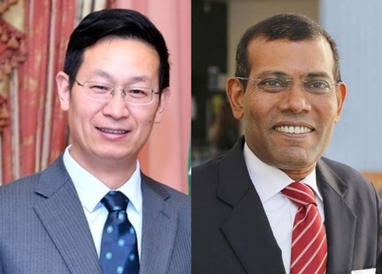 Chinese Ambassador to Maldives Zhang Lizhong and Speaker of the Parliament Mohamed Nasheed.