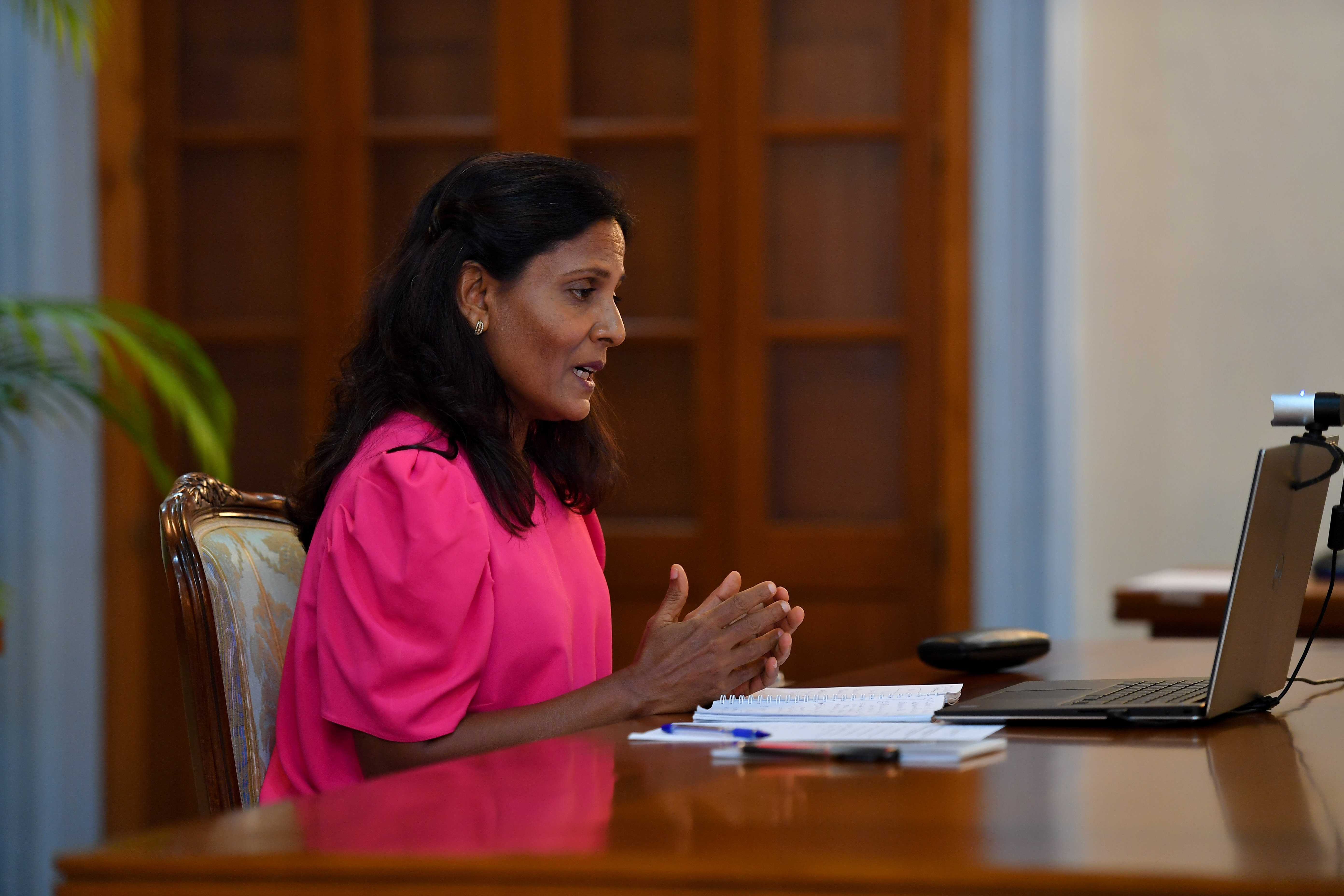 First Lady Fazna Ahmed, speaking at the virtual closing ceremony of the consultation program. Photo: Presidents Office.