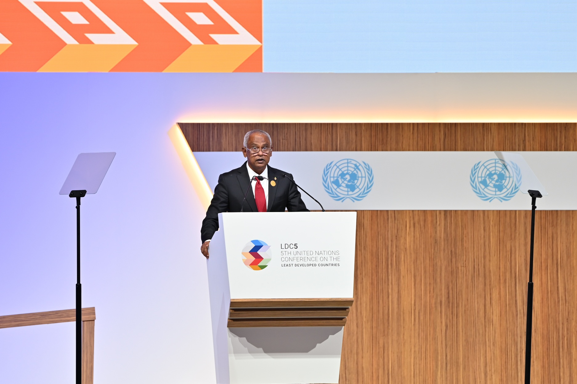 President Ibrahim Mohamed Solih speaking at the 5th United Nations Conference on the Least Developed Countries in Doha, Qatar.