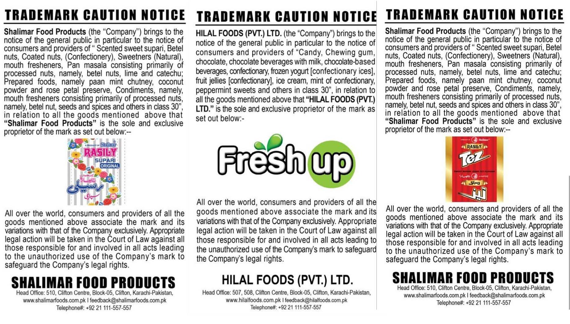 Trademark Caution notice issued by Fresh Up, Rasily Supari, and Tez Supari manufacturing companies.