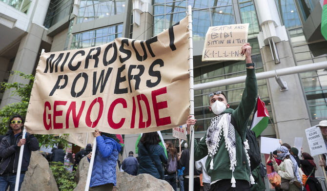 Pro-Palestinian demonstrators protest outside the Microsoft Build conference at the Seattle Convention Center in Seattle, Washington on May 19, 2025. (AFP)