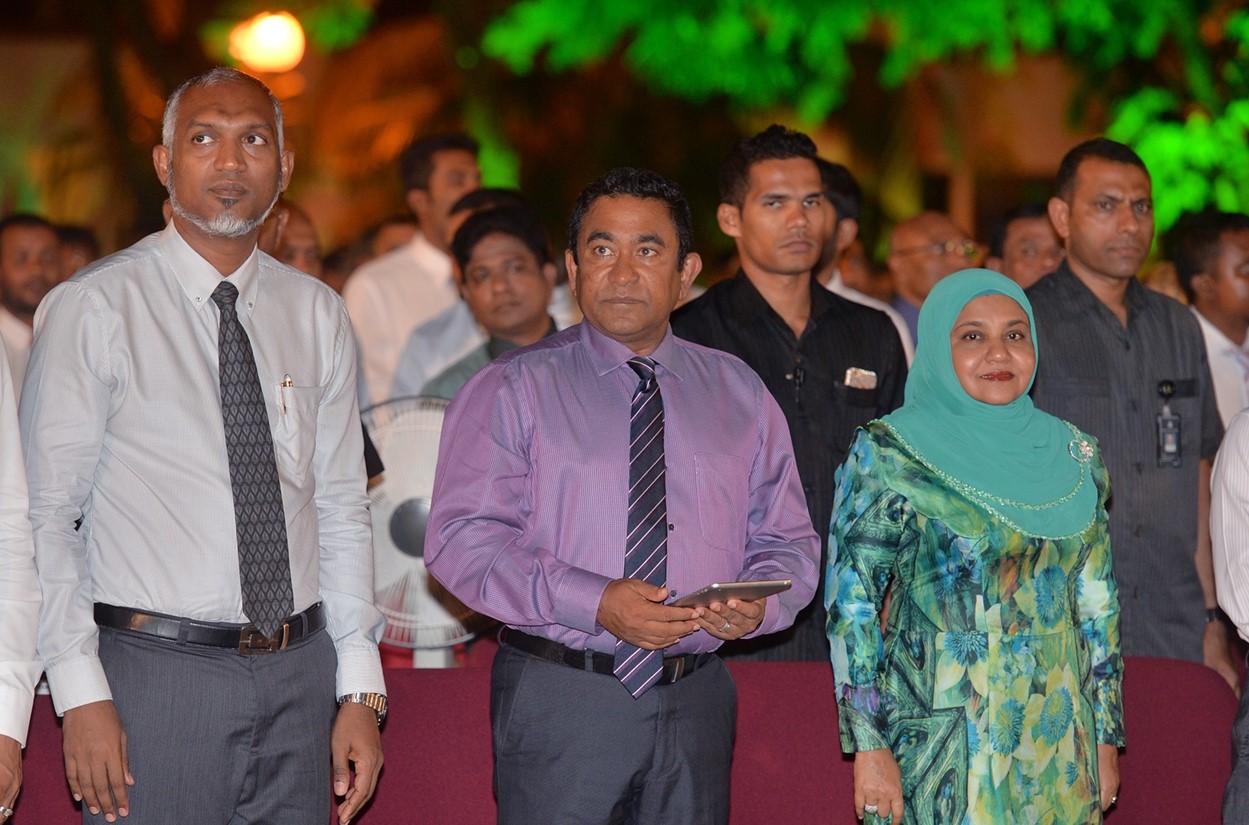 Former Housing Minister Dr. Mohammed Muizzu, along with then President Yameen and First Lady, at a ceremony to launch the Housing Project of Yameen's government. (Photo: PO)