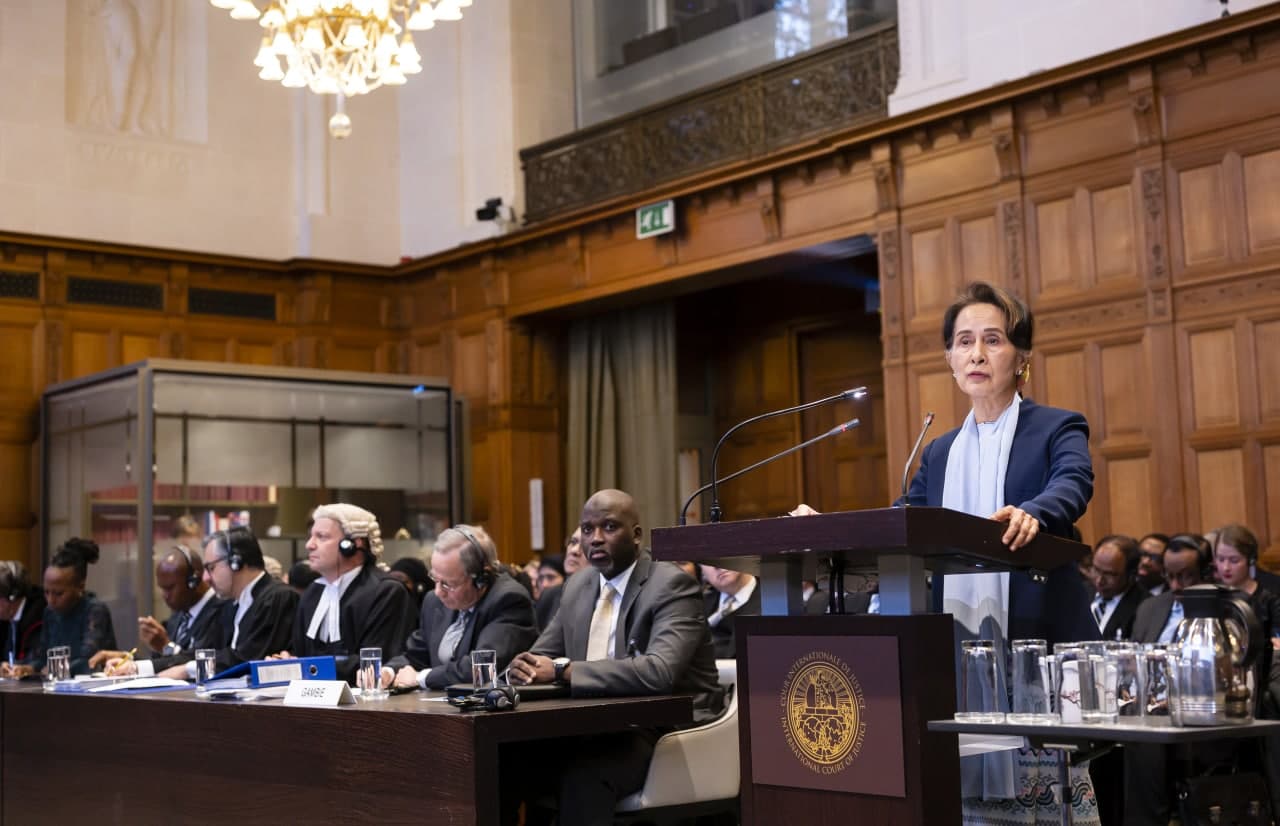 Myanmar’s Aung San Suu Kyi speaking in court defending a military accused of genocide.