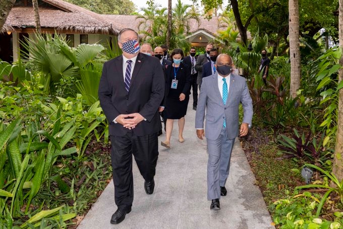 U.S Secretary of State Michael Pompeo with Foreign Minister Abdulla Shahid, during his official visit to the Maldives.