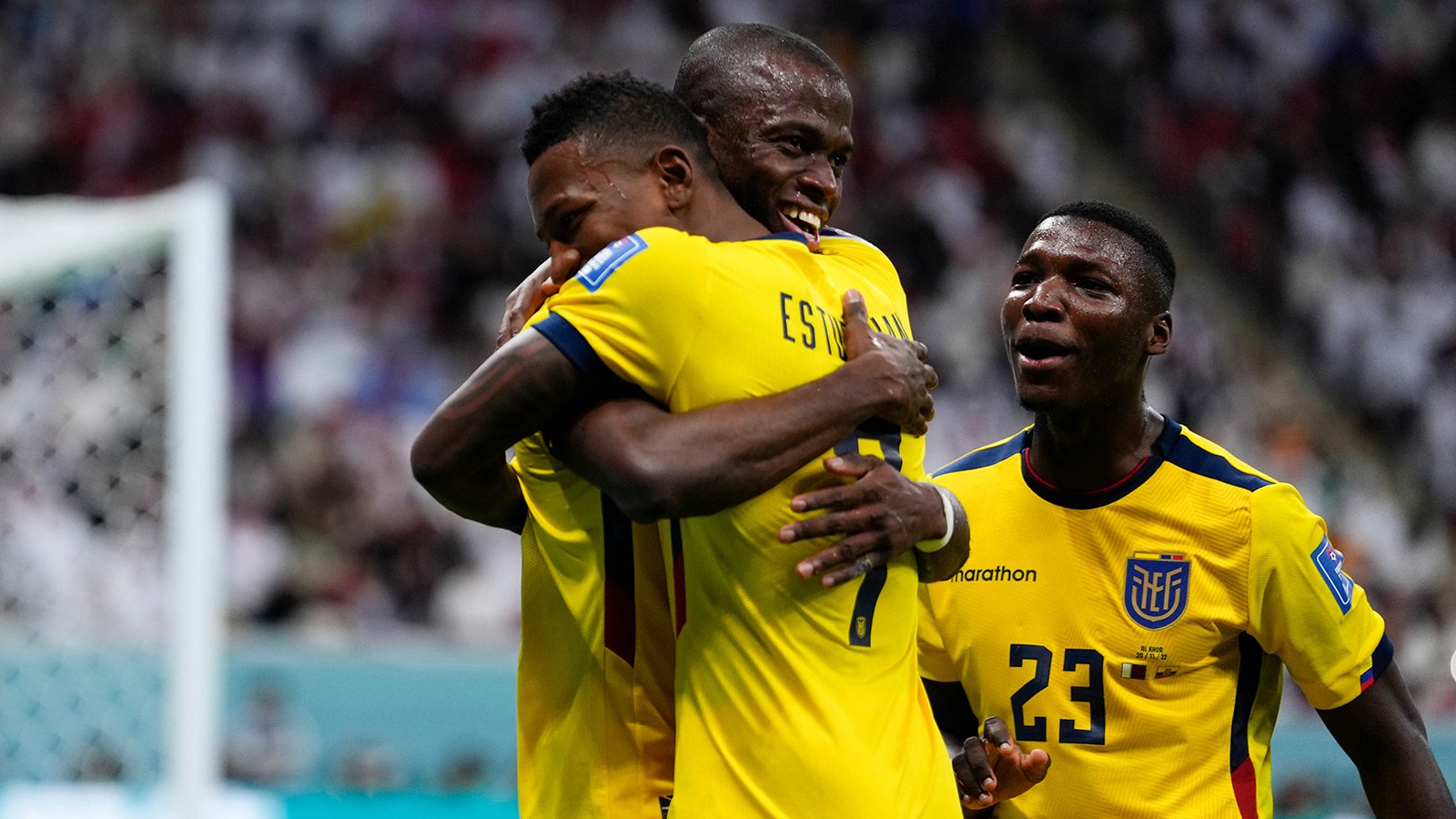 Ecuador's Enner Valencia celebrates with teammates after scoring the opening goal from the penalty spot. (Photo:AP)