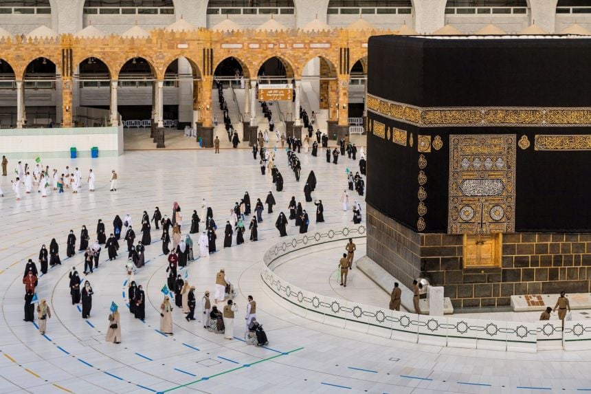 Muslim pilgrims wearing face masks and keeping social distance perform Tawaf around Kaaba during the annual haj pilgrimage held last year in Mecca, Saudi Arabia.