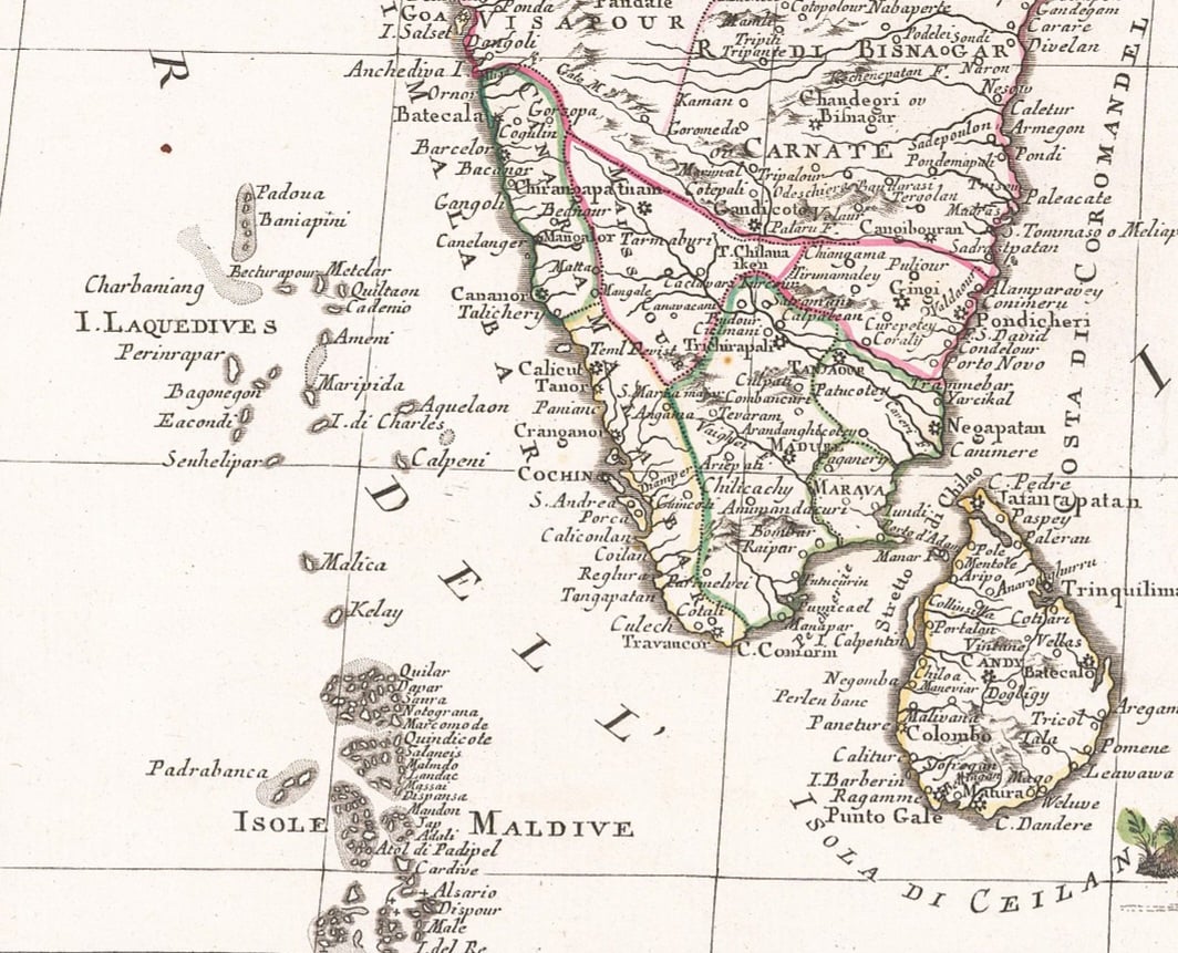 1785 map of India, Sri Lanka and Maldives by Antonio Zatta