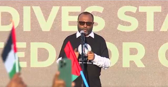Islamic Minister Mohammed Shaheem Ali Saeed addressing a national rally-- Photo: Screen grab from live telecast.