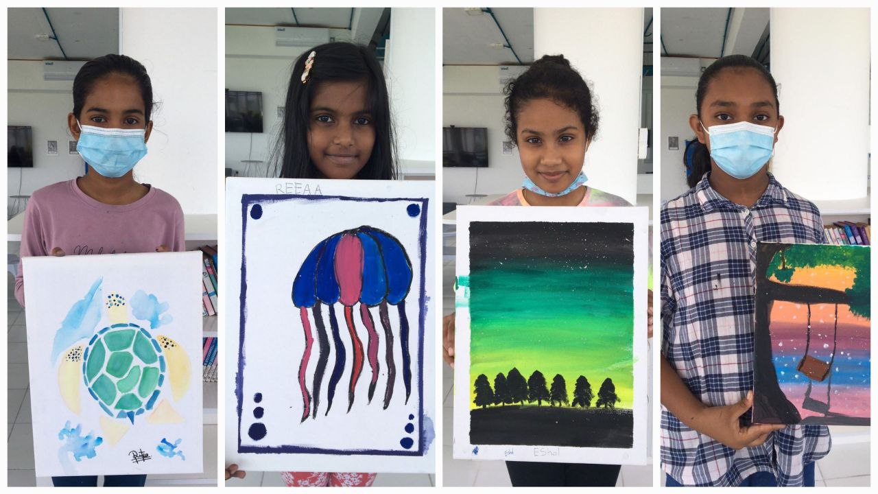 Top voted artworks made by (left to right) Fathimath Rikze Ramzee (10 years), Mariam Reea Ramzee's (8 years),  Aminath Eashal Siraj (9 years), and Zeina Amzath Ahmed (9 years).