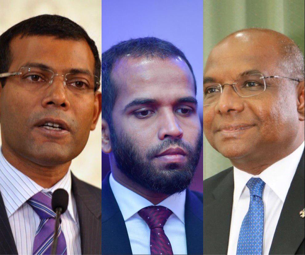 (Right to Left) Foreign Minister and former Speaker of the Parliament, Mr. Abdulla Shahid, former senior judge at the Criminal Court, Ahmed Hailam and former President Mohamed Nasheed