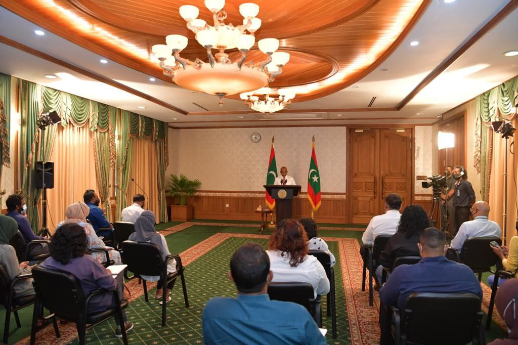 President Ibrahim Mohamed Solih speaking to local media during a press conference.