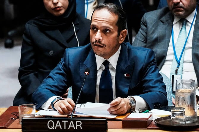 Qatar’s Prime Minister Sheikh Mohammed bin Abdulrahman bin Jassim Al-Thani speaks at an emergency UN Security Council meeting on Sept. 11, 2025, condemning Israel’s strike on Doha. (Reuters)