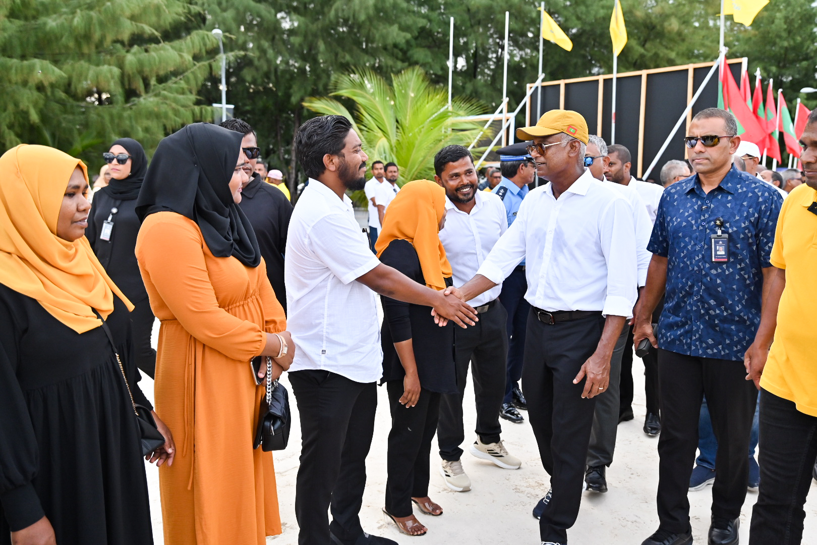 President greeted by his supporters during his visit to Thinadhoo Island.