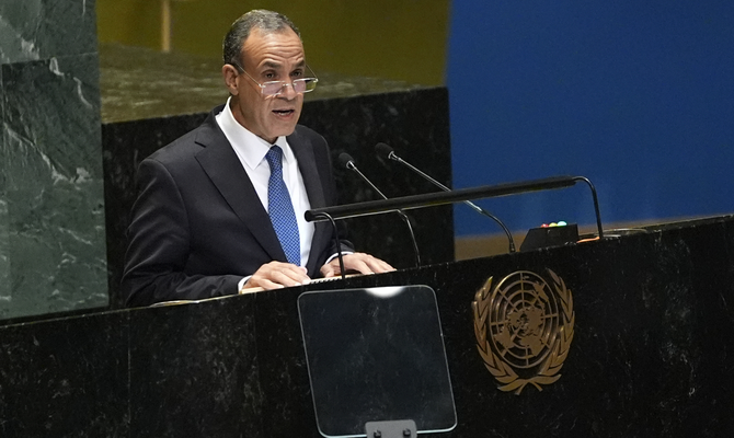 Egypt's Minister for Foreign Affairs Badr Ahmed Mohamed Abdelatty addresses the 79th session of the UNGA. (AP)