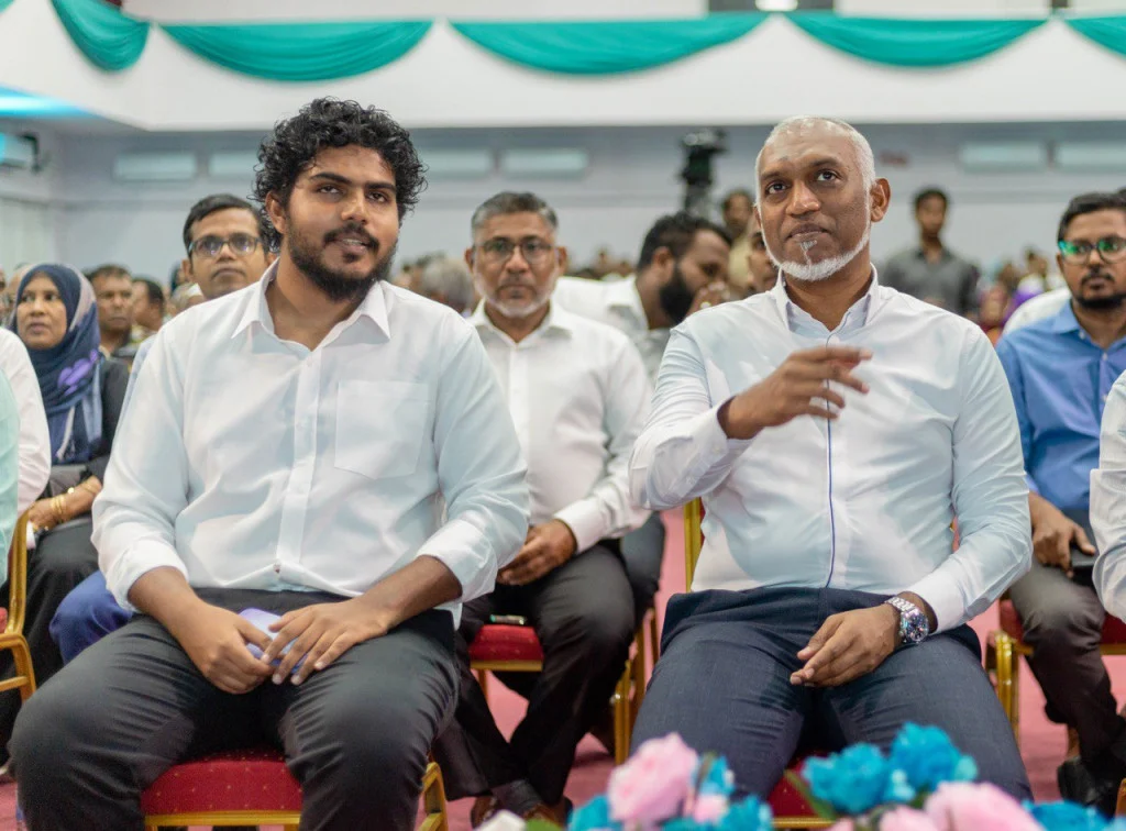 (R - L) President Dr. Mohamed Muizzu and Ahmed Azaan, Member of Parliament for Hithadhoo Central Constituency.