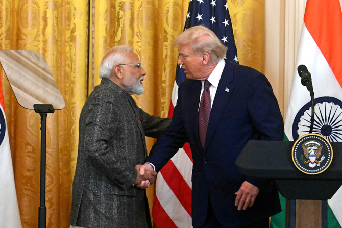 Indian Prime Minister Narendra Modi with US President Donald Trump during a joint press conference at the White House in Washington, DC, on February 13, 2025. (AFP)