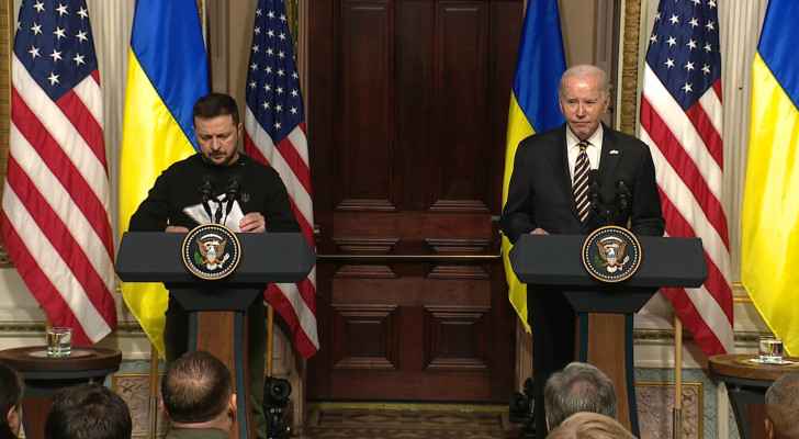 US President Joe Biden with Ukrainian President Volodymyr Zelensky at Press conference on December 12, 2023. (AFP)