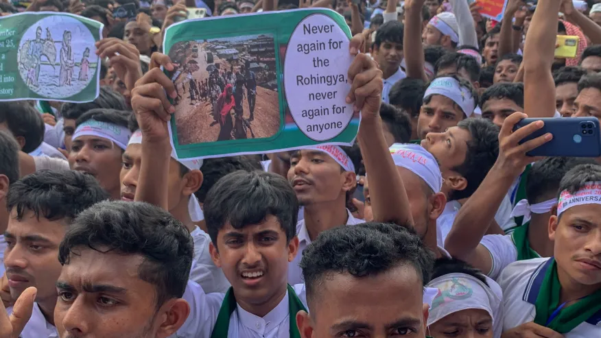 Rohingya refugees demand safe return to Myanmar’s Rakhine state as they mark the 8th anniversary of their mass exodus, Bangladesh, Monday, Aug. 25, 2025. (AP Photo/Shafiqur Rahman)