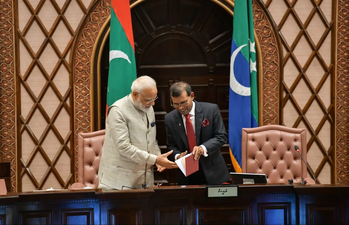Former Maldives President Mohamed Nasheed with Indian Prime Minister Narendra Modi.