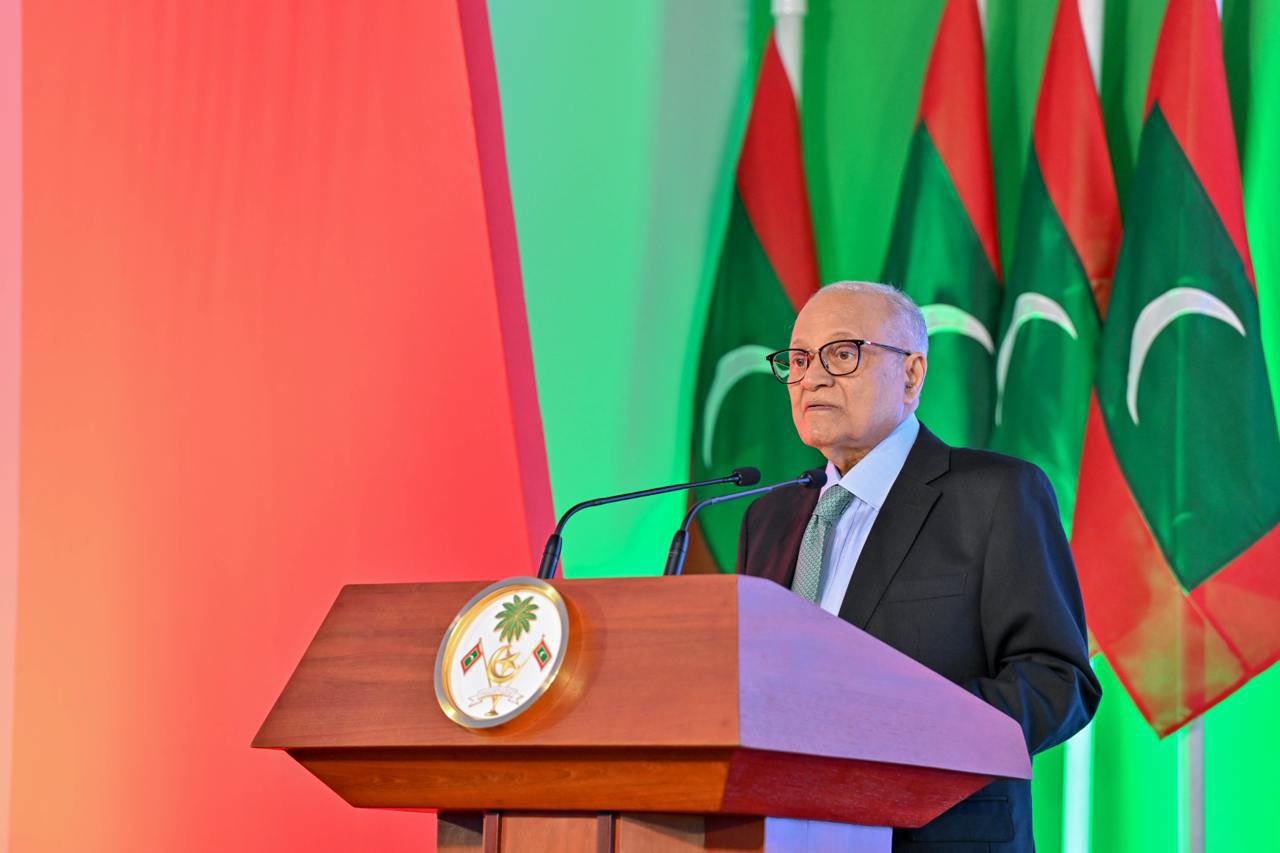 Former President Maumoon Abdul Gayoom speaking at the Victory Day ceremony held last night. Photo: PO