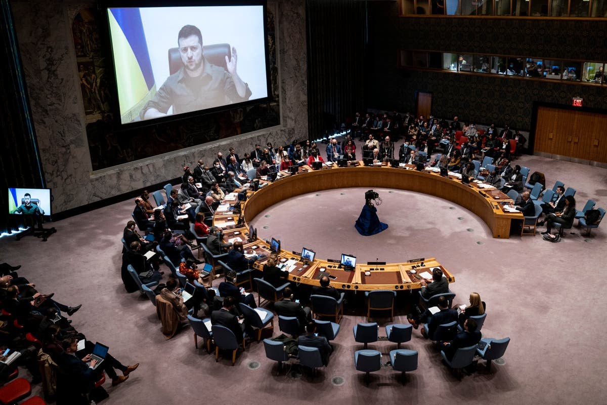 Ukrainian President Volodymyr Zelensky speaking via remote feed during a meeting of the UN Security Council at United Nations headquarters (Photo: AP)