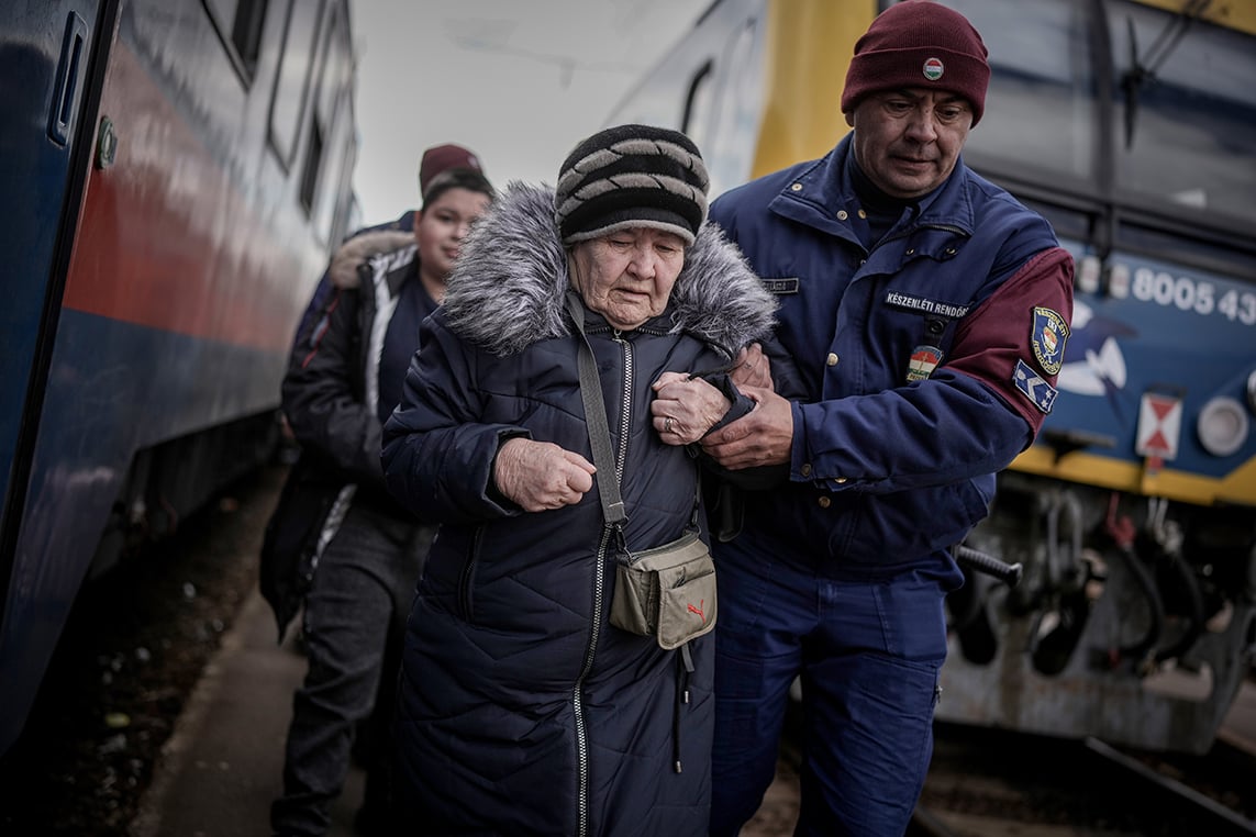 Refugees fleeing Ukraine arrive at the border train station of Zahony on March 8 in Zahony, Hungary.