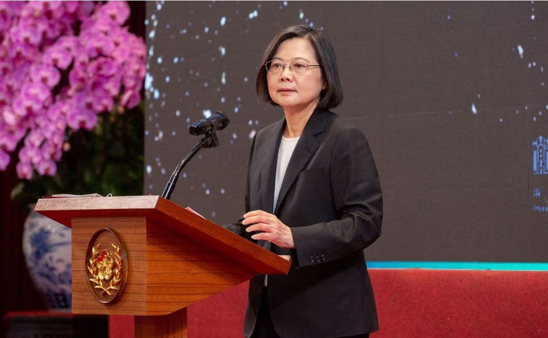 Taiwan President Tsai Ing-wen delivers a speech on the day of her seventh year anniversary since she held office in Taipei, Taiwan