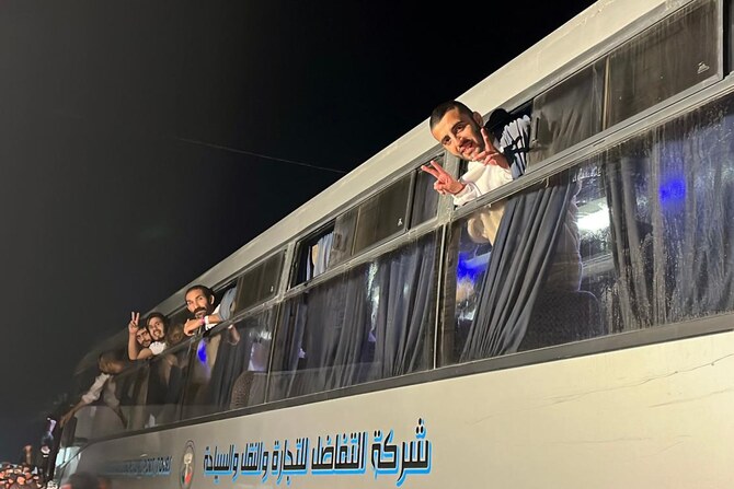 Palestinians, released by Israel, gesture as they arrive on a bus at the European Hospital in Khan Yunis in the southern Gaza Strip early on February 27, 2025. (AFP)