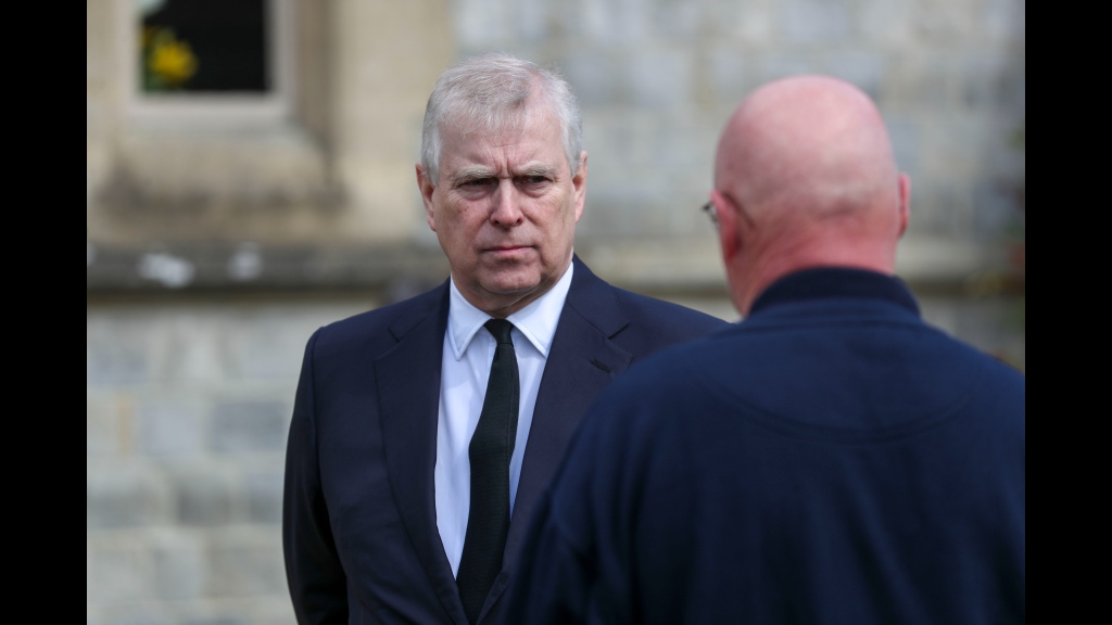 Britain's Prince Andrew attends the Sunday service at the Royal Chapel of All Saints at Royal Lodge, Windsor, following the death announcement of his father, Prince Philip.