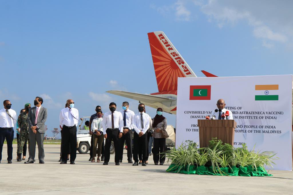 Minister of Foreign Affairs Abdulla Shahid speaking at the ceremony receiving the vaccine from India.