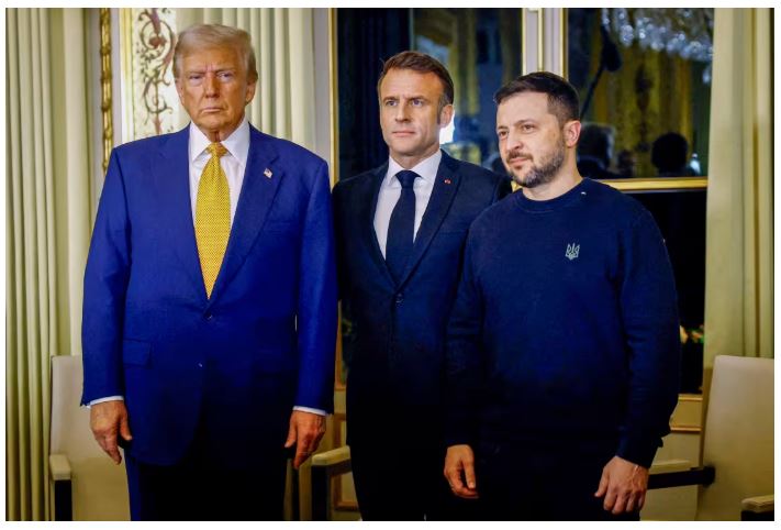 Donald Trump, Emmanuel Macron and Volodymyr Zelenskyy at the Élysée Palace in Paris in December.Sarah Meyssonnier / AFP - Getty Images